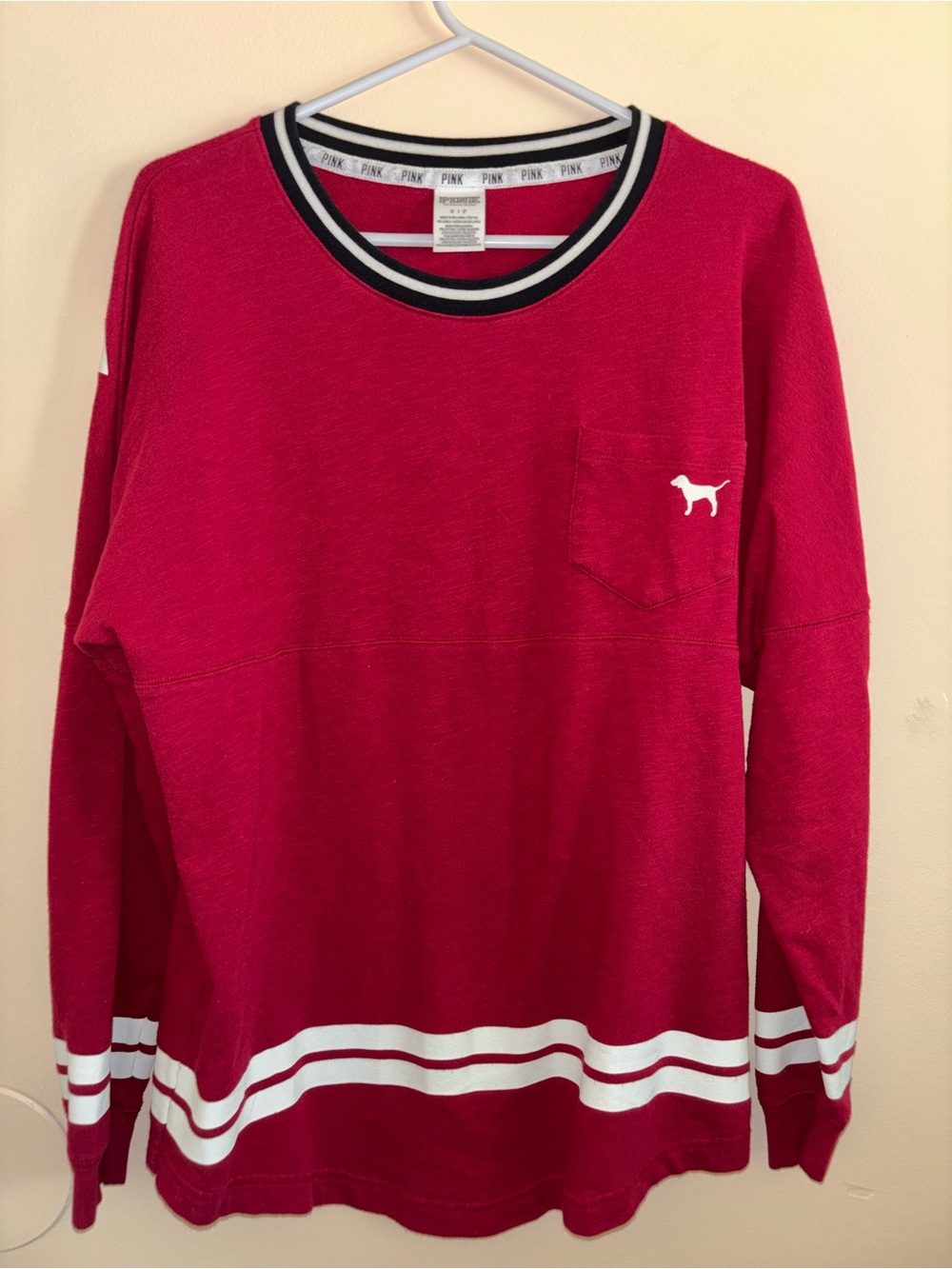 PINK Victoria's Secret Long Sleeve Crewneck Tee - Hot Pink with White Stripes